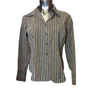 O SHIRT Womens Brown Tan Striped Long Sleeve Button Up Shirt Top